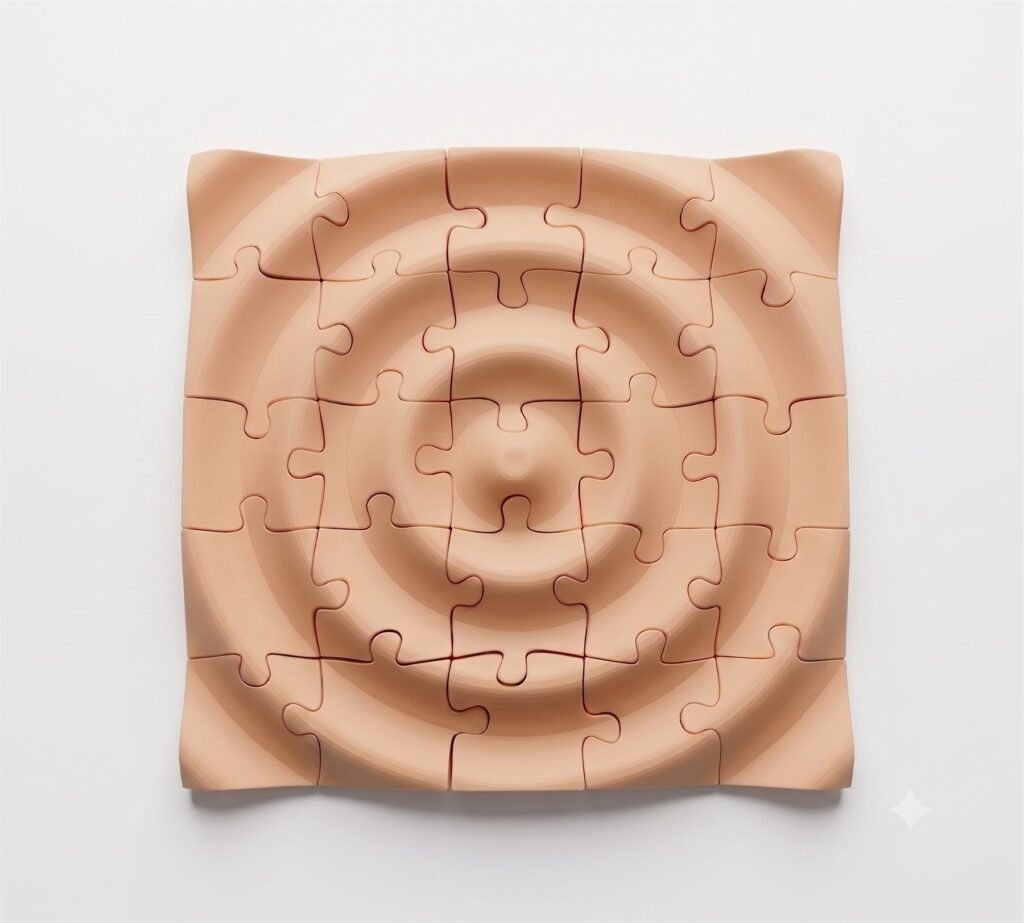 Puzzlera 3D Jigsaw Puzzle, a terracotta 3D-printed jigsaw assembled into a square panel with concentric sculpted ripples