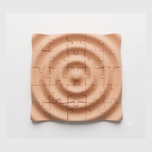 Puzzlera 3D Jigsaw Puzzle, a terracotta 3D-printed jigsaw assembled into a square panel with concentric sculpted ripples