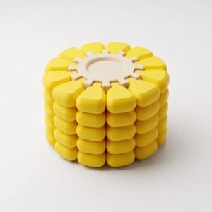 Puzzlera Corn Puzzle, a yellow 3D-printed cylindrical puzzle of interlocking rounded segments around a cream central core