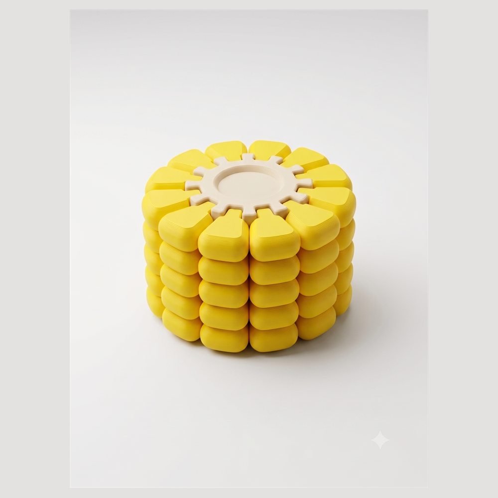 Puzzlera Corn Puzzle, a yellow 3D-printed cylindrical puzzle of interlocking rounded segments around a cream central core