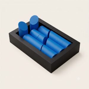 Puzzlera Cylinder Puzzle, eight blue 3D-printed cylindrical pieces arranged inside a black rectangular tray
