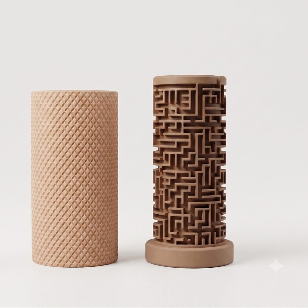 Puzzlera Secret Chamber, two tan 3D-printed cylinders, one textured and one revealing an intricate internal maze