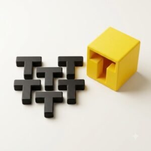 Puzzlera T-Puzzle, six black 3D-printed T-shaped pieces beside a yellow open-sided cube box