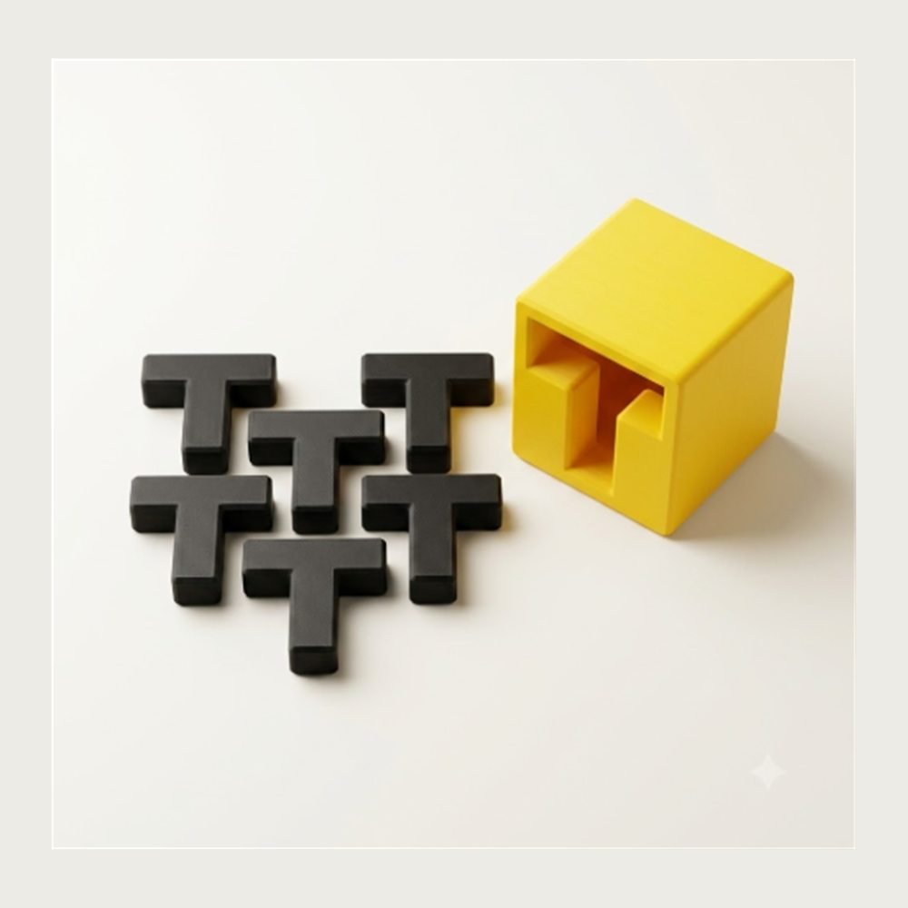 Puzzlera T-Puzzle, six black 3D-printed T-shaped pieces beside a yellow open-sided cube box